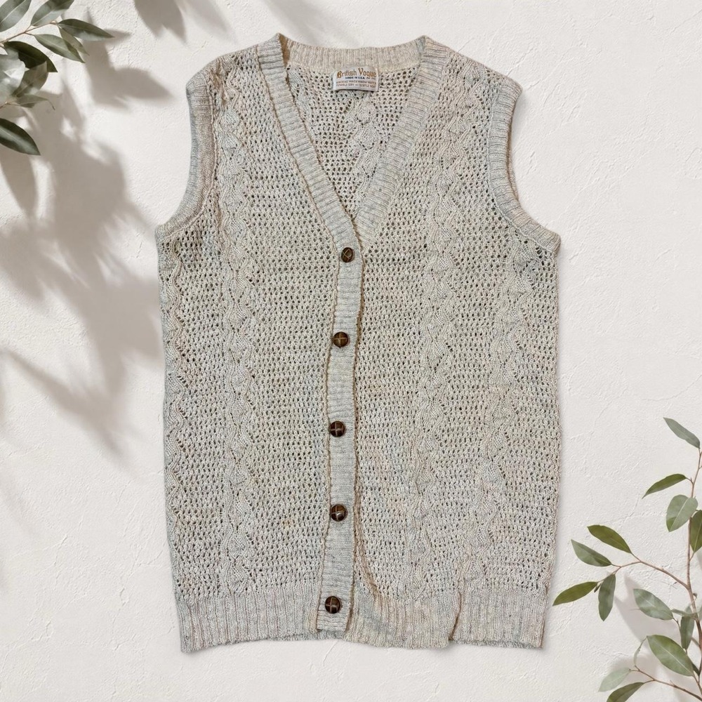 British Vogue Vintage Cable Knit Sweater Vest Cream Button Front Preppy USA